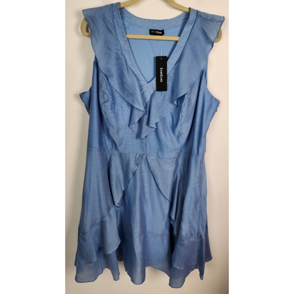 Bebe Women's Sz. 22 Blue & White Stripe Short Sleeveless Ruffle Dress Nwt